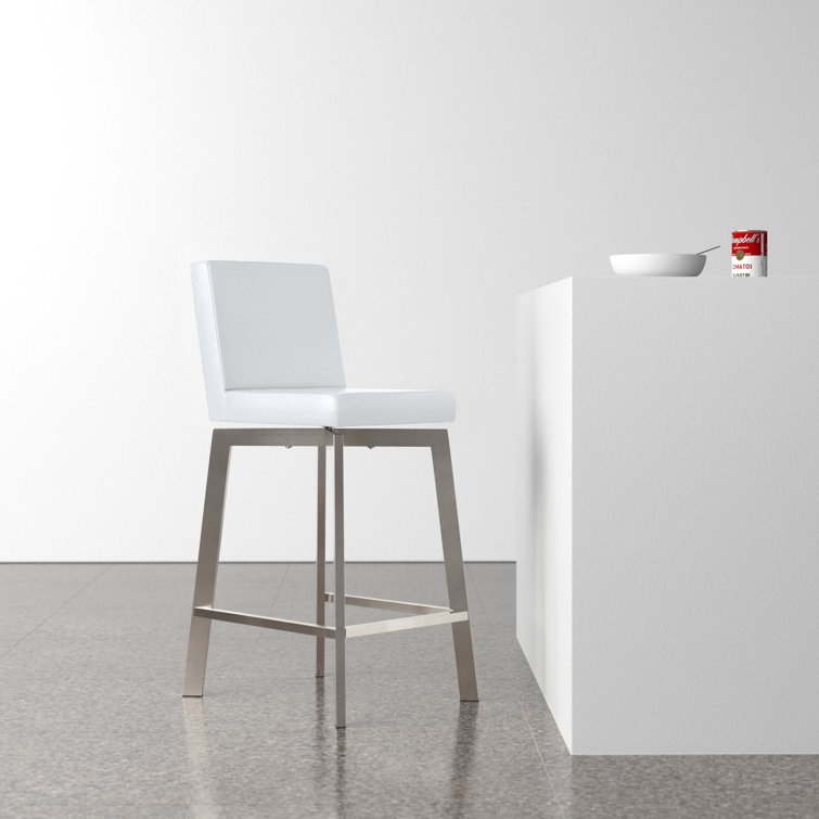 White Faux Leather Swivel Bar Stool with Stainless Steel Frame