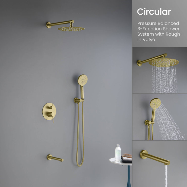 Brushed Gold Circular 3-Function Shower System with Brass Valve