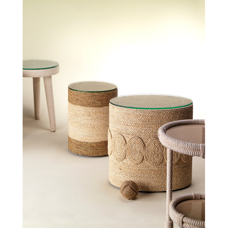 Hand-Woven Corn Straw Round Side Table with Glass Top
