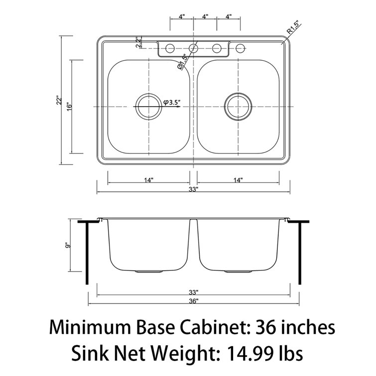 Sinber 32" Stainless Steel Double Bowl Kitchen Sink