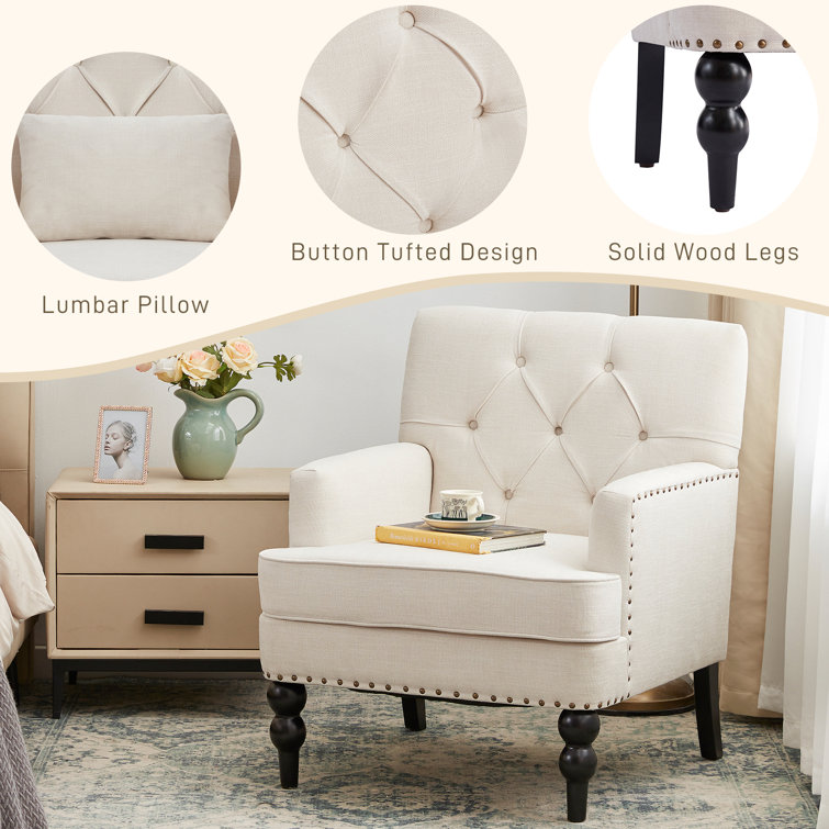 Beige Tufted Armchair Set with Dark Wood Legs