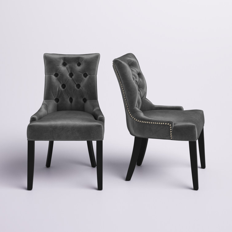 Charcoal Velvet Upholstered Tufted Side Chair with Wood Legs