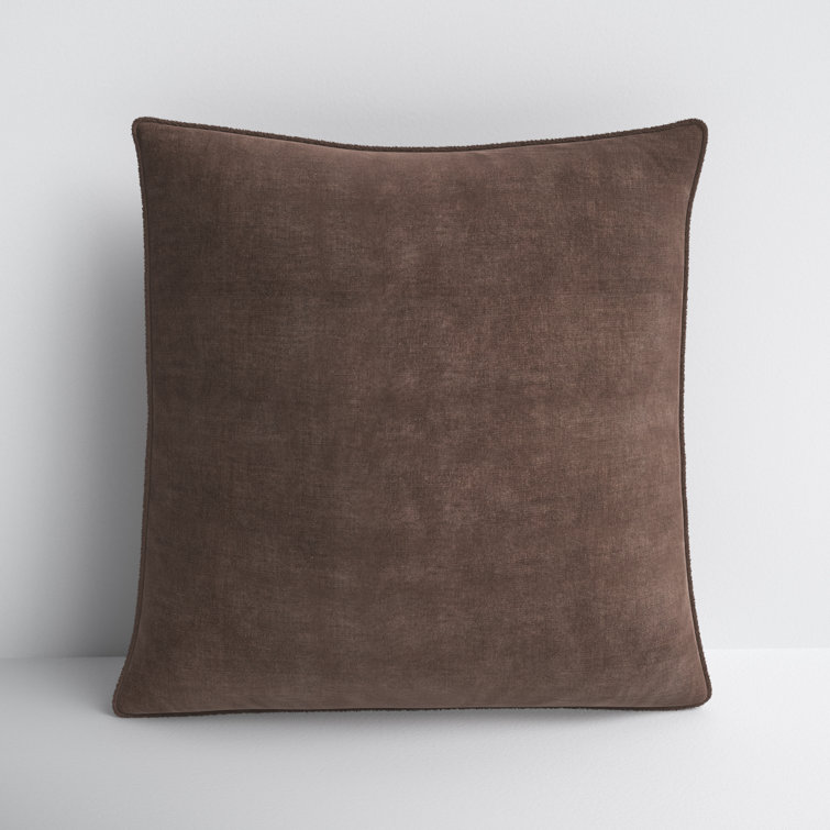 Tan Cotton Square Embroidered Throw Pillow with Fringed Edges