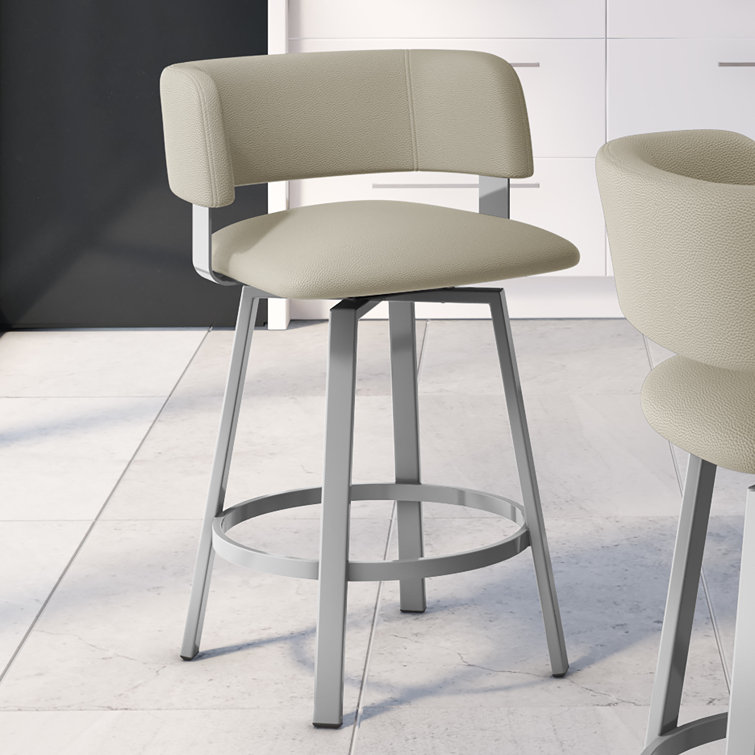 Greige Faux Leather and Glossy Gray Metal Swivel Counter Stool