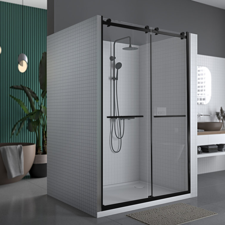 Matte Black Frameless Double Sliding Shower Door with Clear Tempered Glass