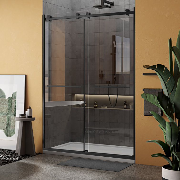 Matte Black Frameless Double Sliding Shower Door with Clear Tempered Glass