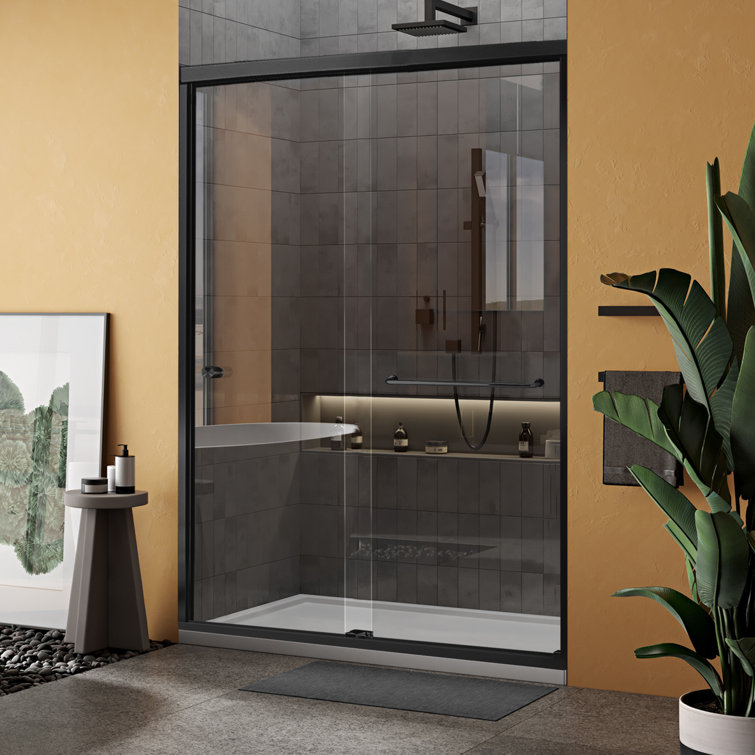 48" Matte Black Semi-Frameless Sliding Shower Door with Clear Glass