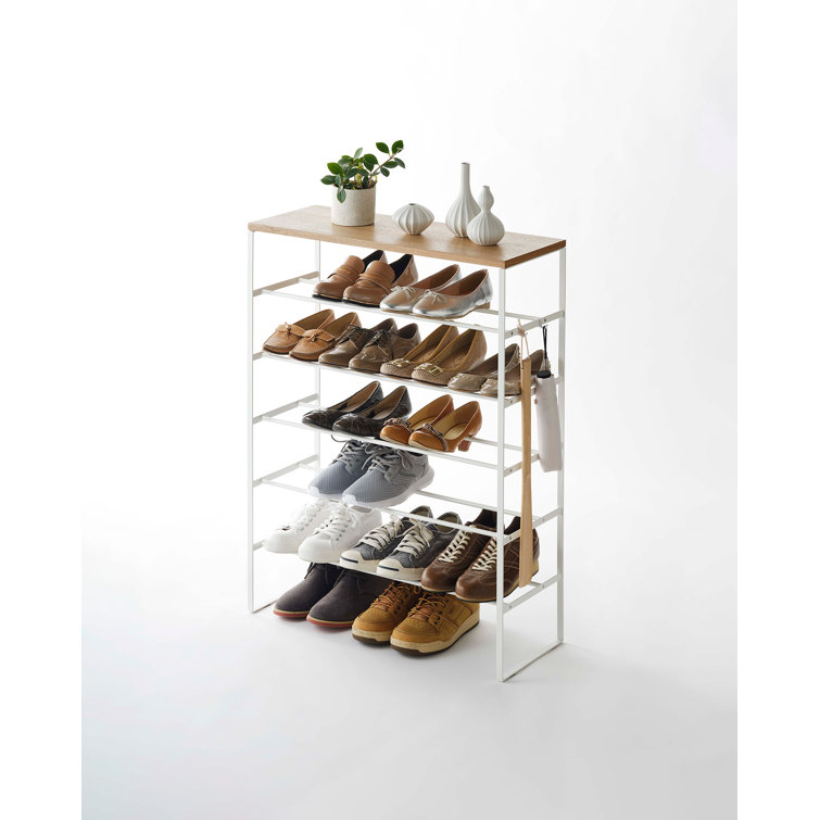 Tiered Minimalist White Steel Shoe Rack with Wood Top