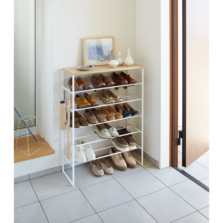 Tiered Minimalist White Steel Shoe Rack with Wood Top