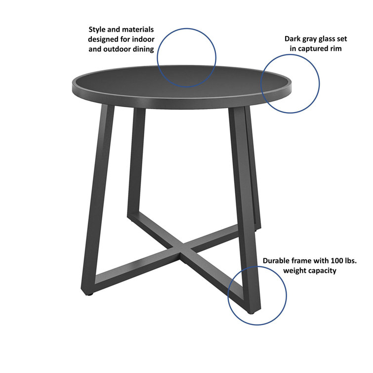 COSCO 35" Round Dark Gray Glass Top Indoor/Outdoor Dining Table