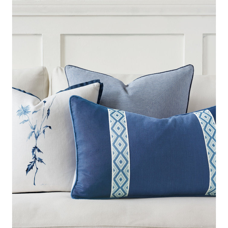 Blue Floral Linen and Cotton Reversible Throw Pillow