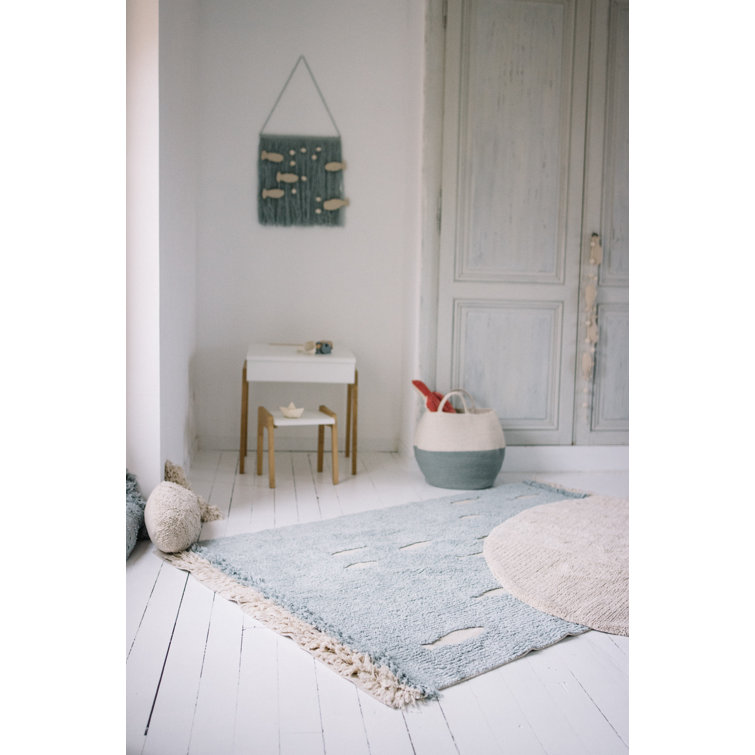 Ocean Shore Blue and Beige Wool Cotton Washable Rug 4' x 6'