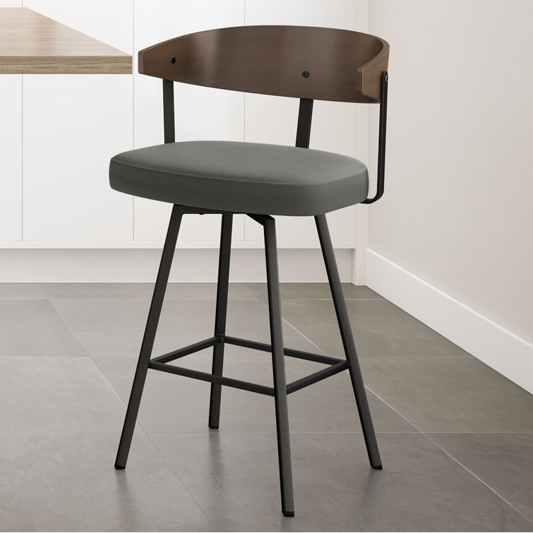 Charcoal Gray Swivel Bar Stool with Wooden Back