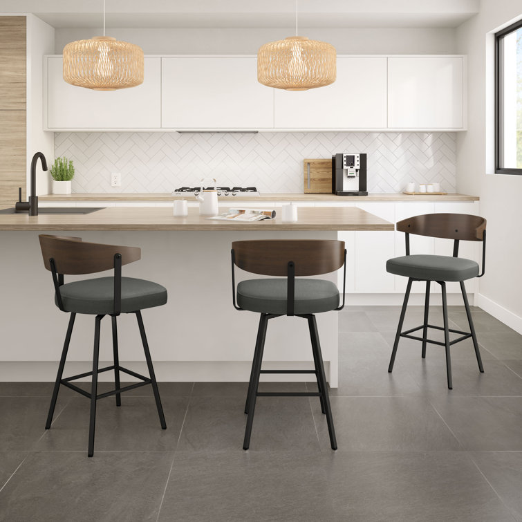 Charcoal Gray Swivel Bar Stool with Wooden Back