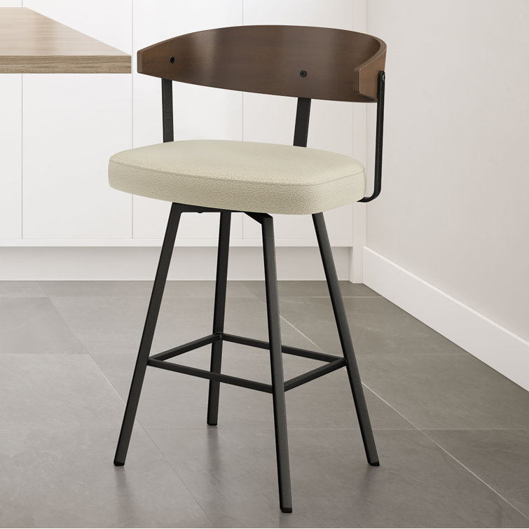 Cream Bouclé Swivel Counter Stool with Wooden Back