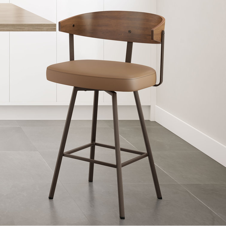 Tan Faux Leather and Dark Brown Wood Swivel Counter Stool