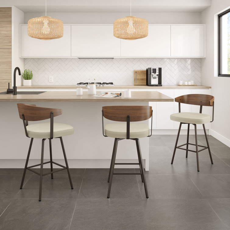 Cream and Dark Brown Swivel Counter Stool with Wooden Back