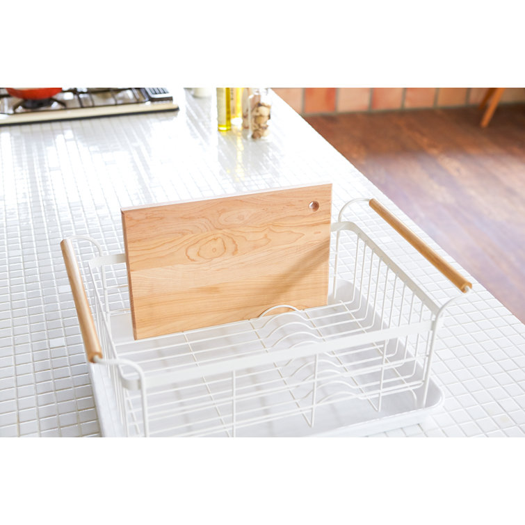 Tosca 13'' White Steel Dish Drainer Rack with Wood-Accent Handles