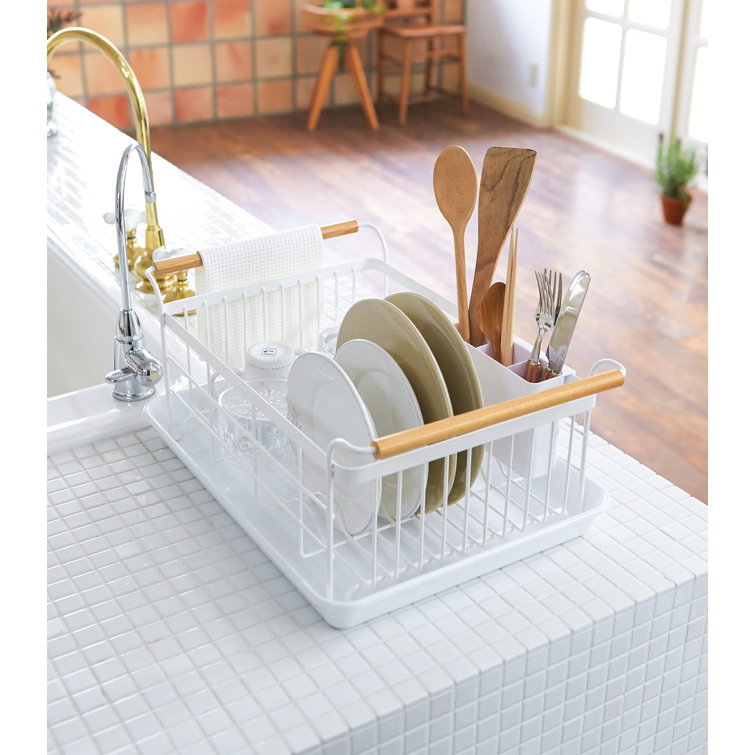 Tosca 13'' White Steel Dish Drainer Rack with Wood-Accent Handles