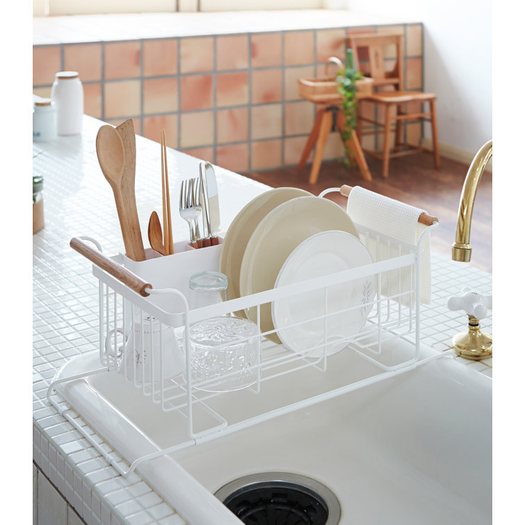 White Metal Over-the-Sink Dish Rack with Wooden Handles