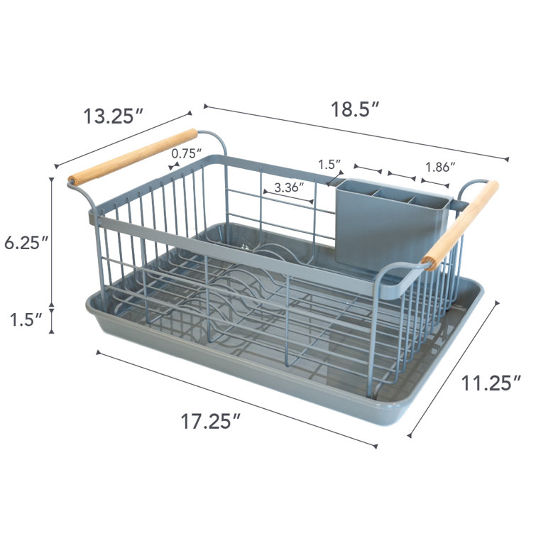 Gray Steel Dish Drainer Rack with Wood Handles and Utensil Cup