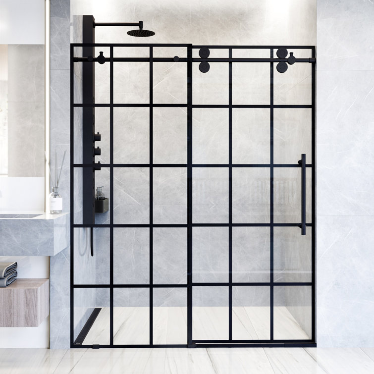 Elan Matte Black Frameless Sliding Shower Door with Clear Grid Glass
