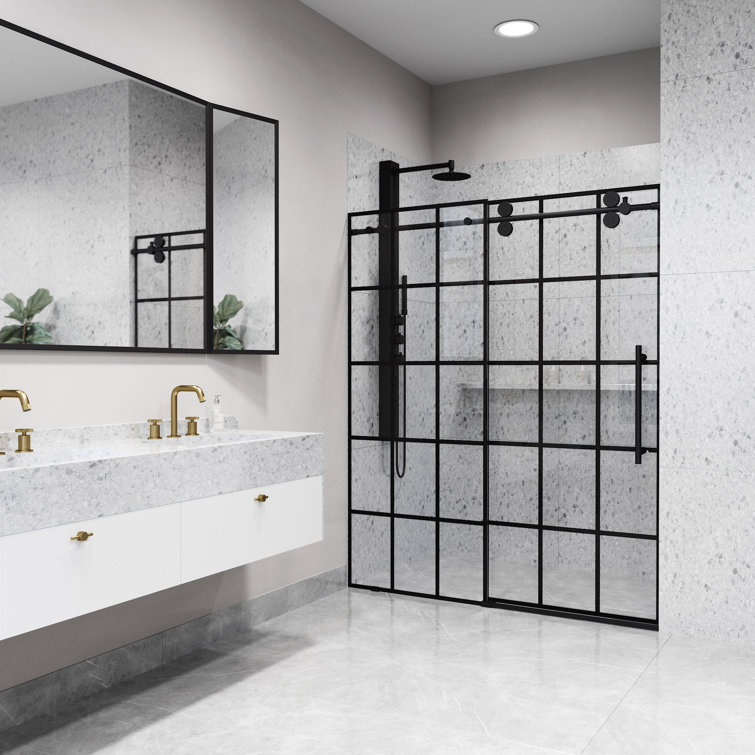 Elan Matte Black Frameless Sliding Shower Door with Clear Grid Glass
