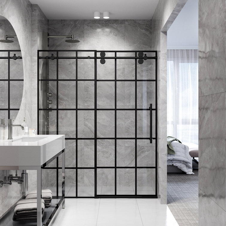 Elan Matte Black Frameless Sliding Shower Door with Clear Grid Glass