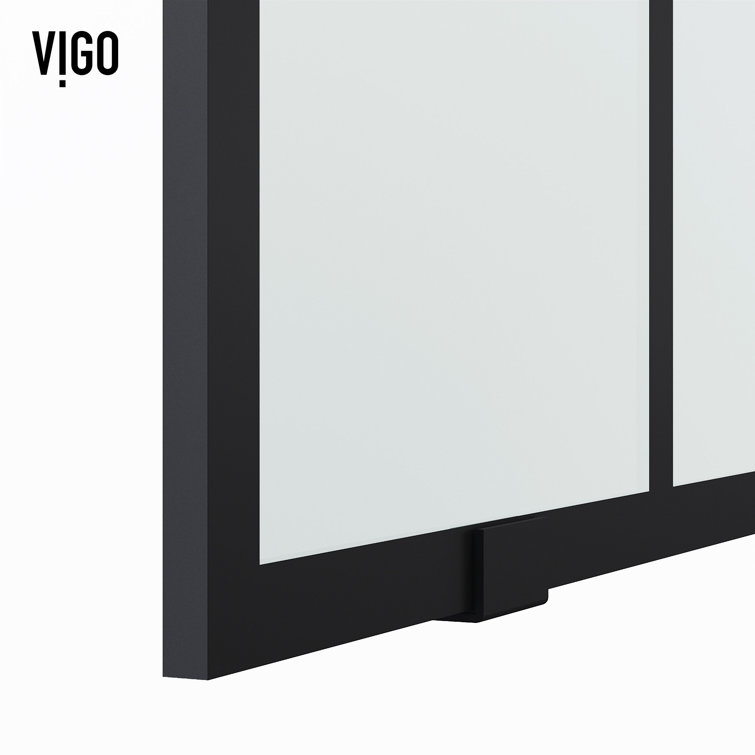 Elan Matte Black Frameless Sliding Shower Door with Clear Grid Glass