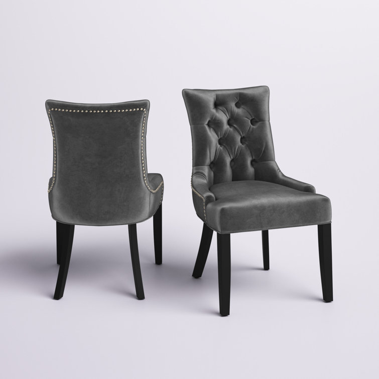 Charcoal Velvet Upholstered Tufted Side Chair with Wood Legs