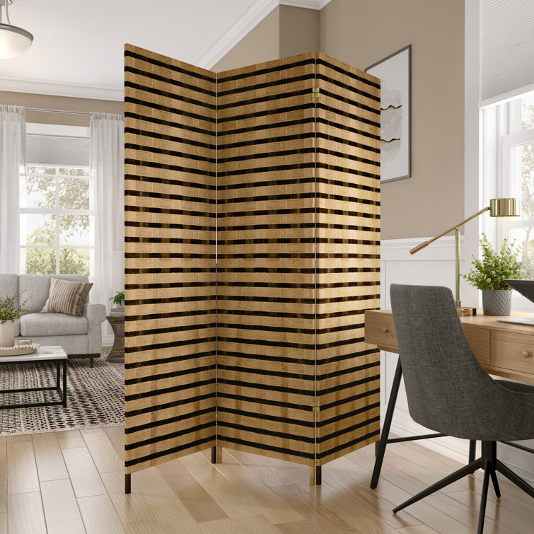 Natural Fiber Two-Tone Folding Room Divider with Spruce Frame
