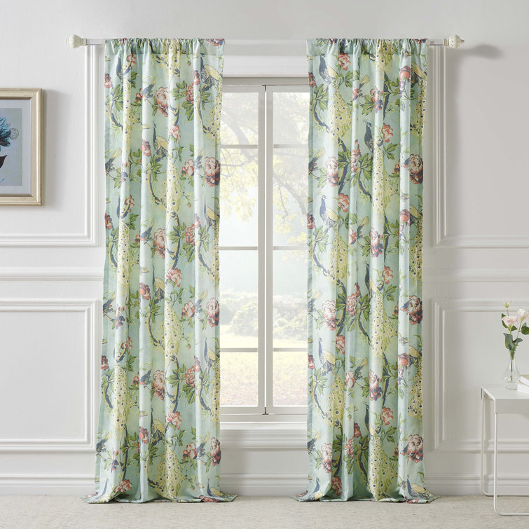 Pavona Blue Floral Light-Filtering Polyester Curtain Panels