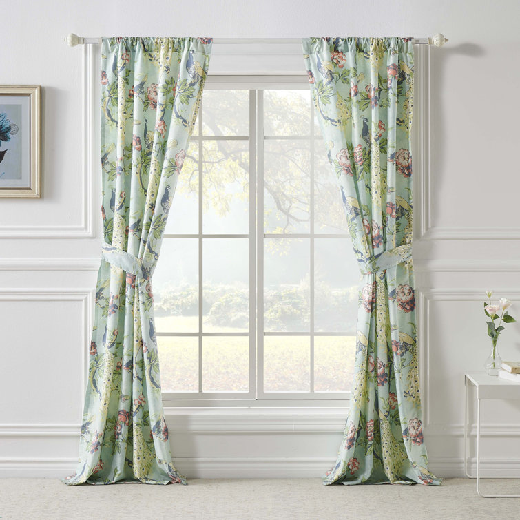 Pavona Blue Floral Light-Filtering Polyester Curtain Panels