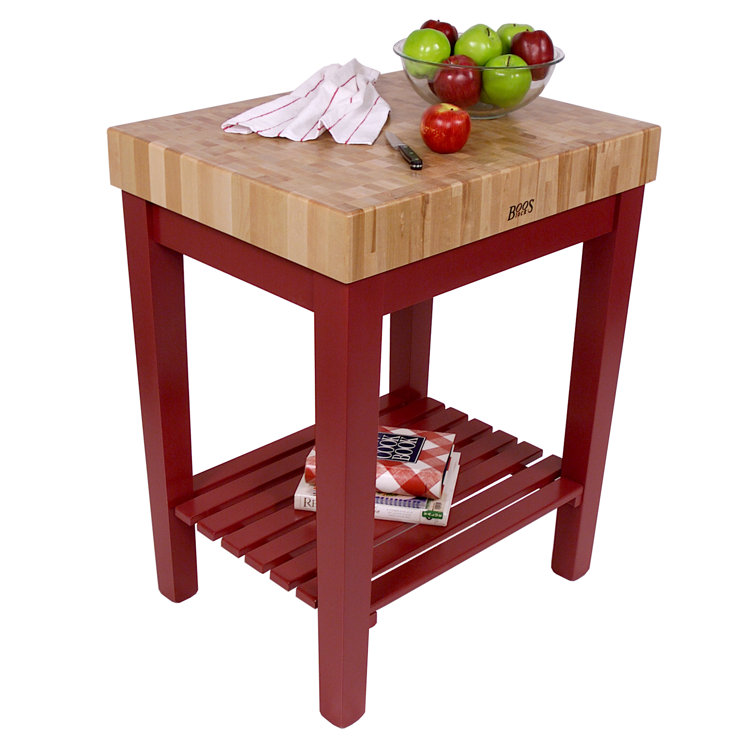Rustic Barn Red Solid Wood Prep Table with Weathered Steel Casters