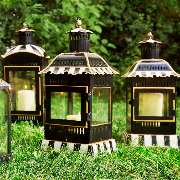 Large Black and White Striped Glass Candle Lantern