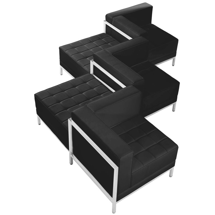 Elegant Tufted Black Leather Chair & Ottoman Set with Metal Frame