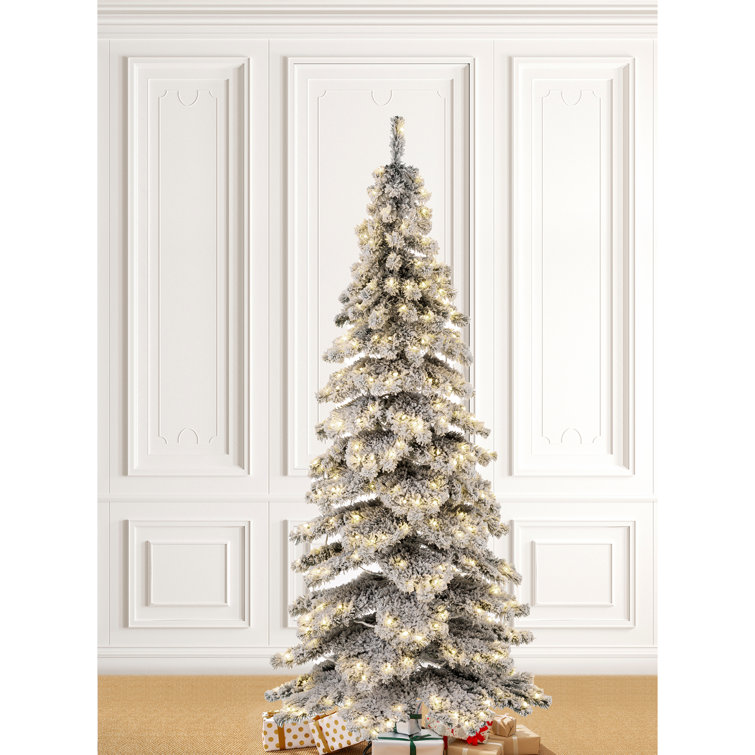 7.5ft White Flocked Slender Spruce Christmas Tree with LED Lights
