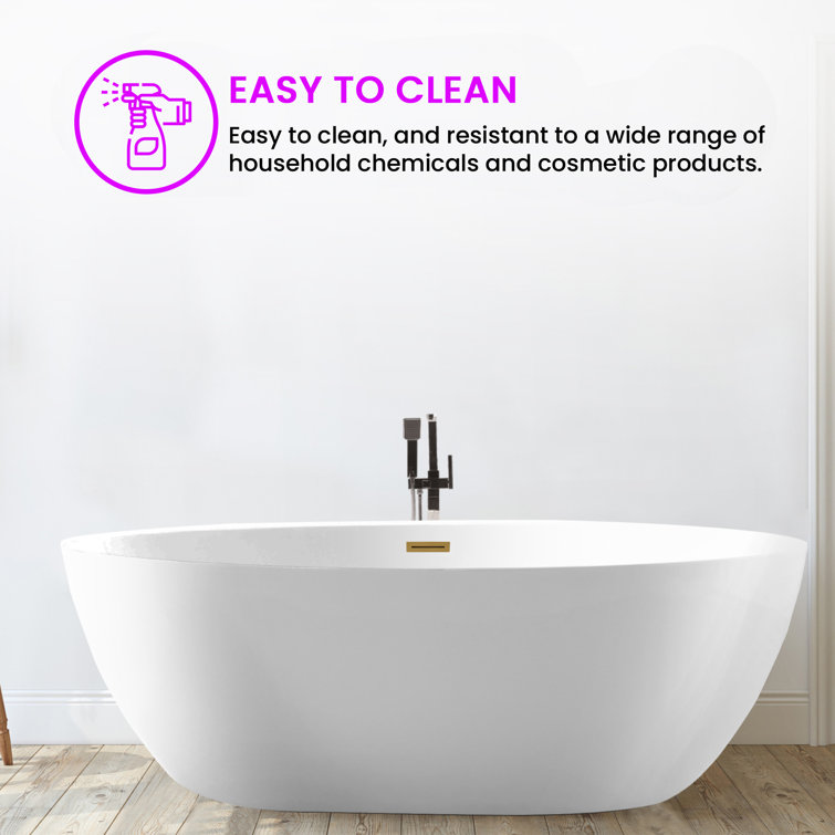 59" White Acrylic Freestanding Soaking Bathtub with Gold Accents