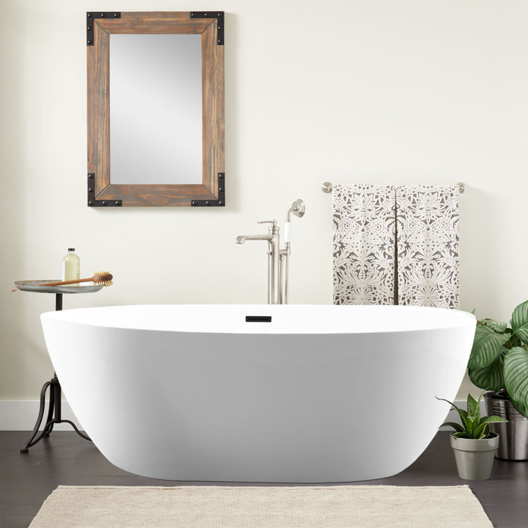 59" White Acrylic Freestanding Soaking Bathtub with Matte Black Drain