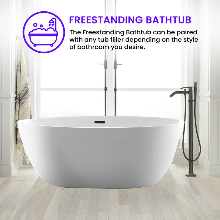 59" White Acrylic Freestanding Soaking Bathtub with Matte Black Drain