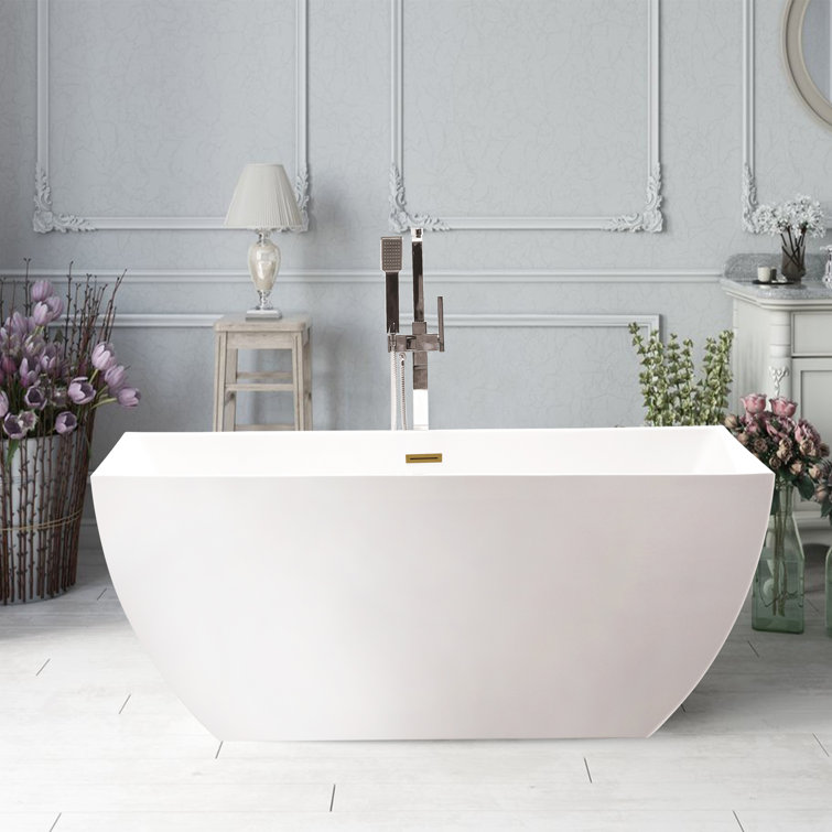 White Acrylic Freestanding Soaking Bathtub with Gold Drain