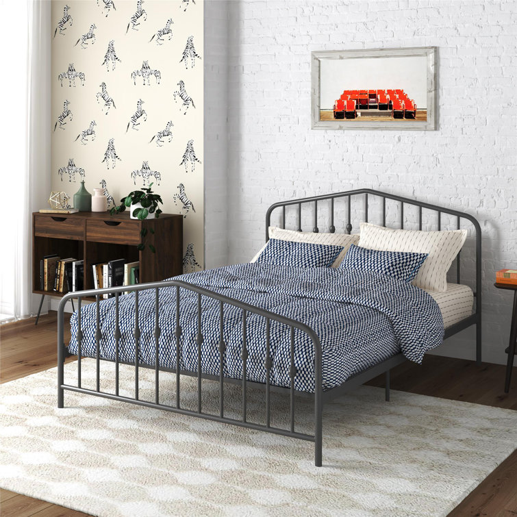 Gray Queen Metal Platform Bed with Headboard and Slats