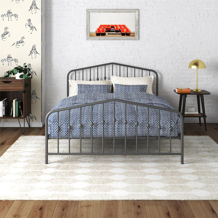 Gray Queen Metal Platform Bed with Headboard and Slats