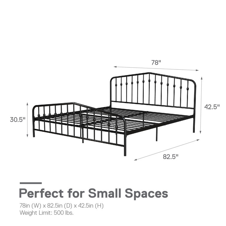 King-Sized Black Pine and Metal Upholstered Bed with Storage Drawer