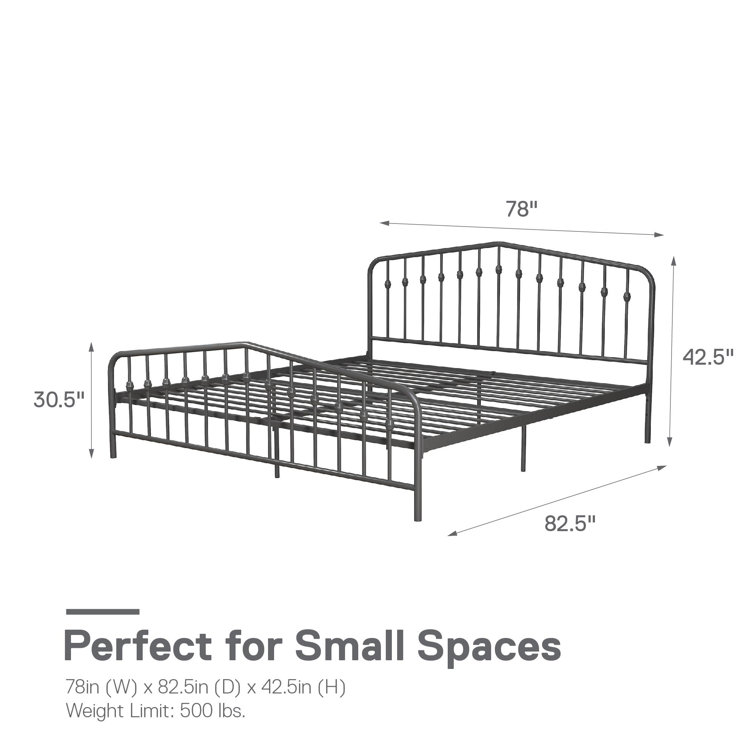 King-Size Gunmetal Gray Metal Bed with Upholstered Headboard and Storage Drawer