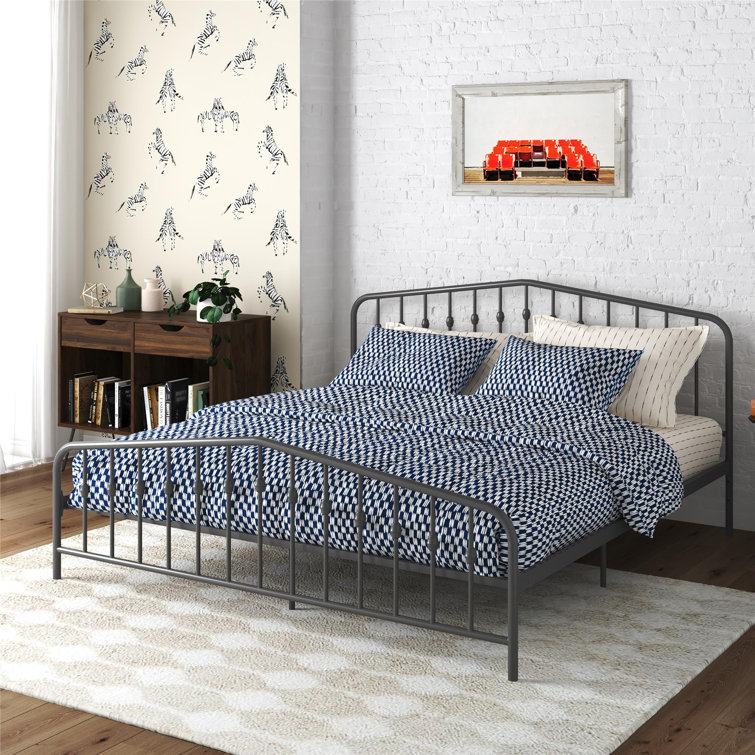 King-Size Gunmetal Gray Metal Bed with Upholstered Headboard and Storage Drawer