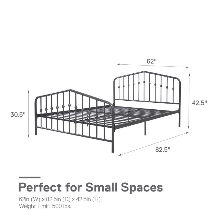 Gray Queen Metal Platform Bed with Headboard and Slats