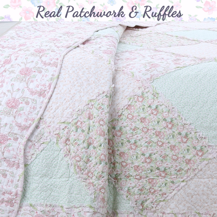 Pink Floral Cotton Reversible Queen Quilt Set