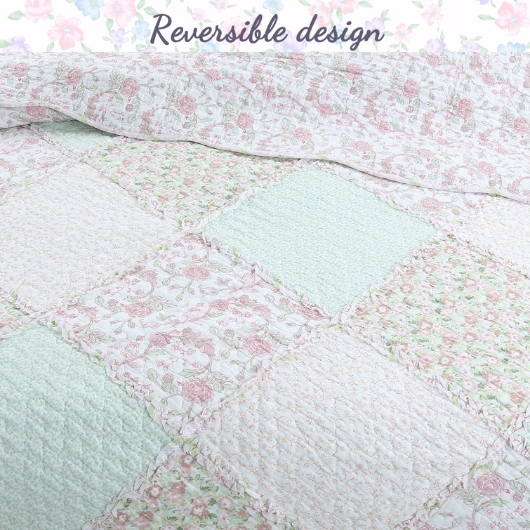 Pink Floral Cotton Reversible Queen Quilt Set