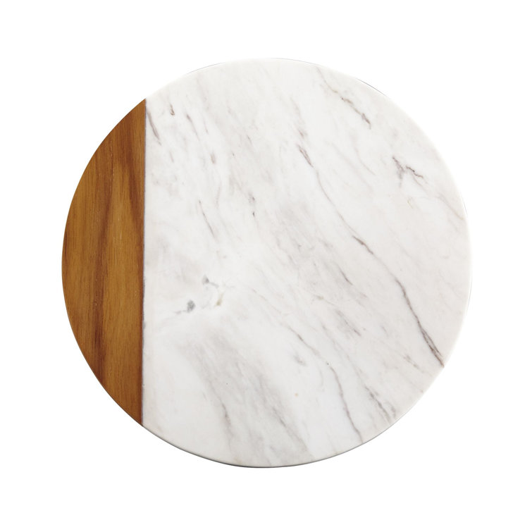 White Marble and Teakwood Round Serving Board, 10-Inch